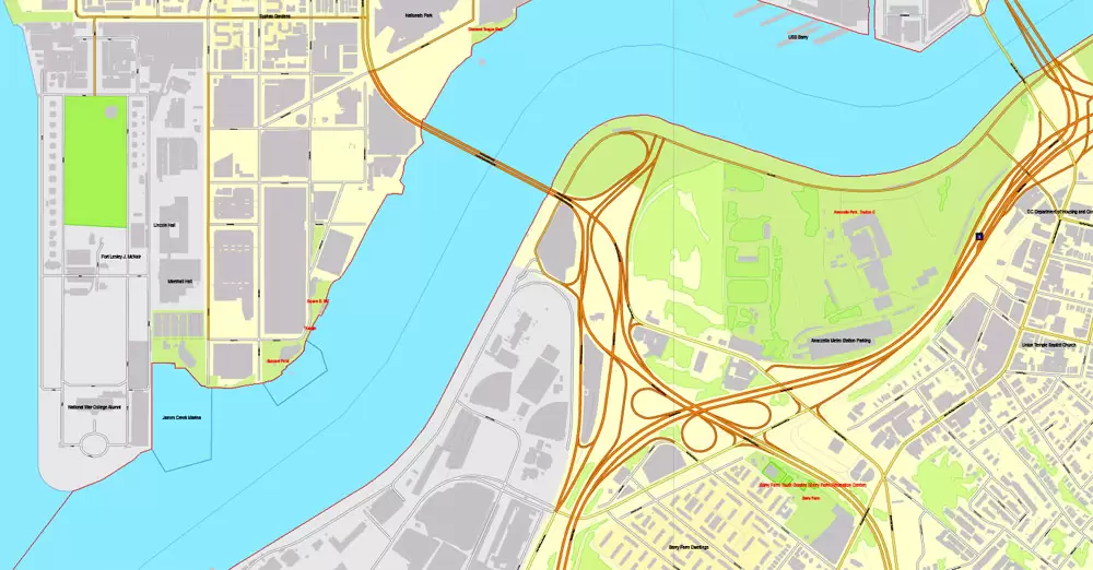 Printable Map Washington DC, US, exact vector street City Plan Layered map, V.12. fully editable, Adobe Illustrator
