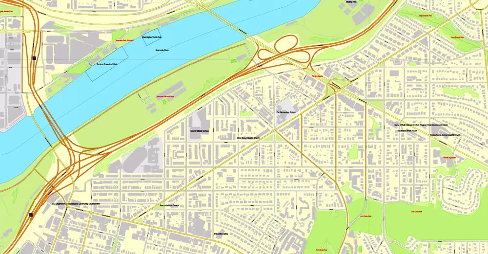 Printable Map Washington DC, US, exact vector street City Plan Layered map, V.12. fully editable, Adobe Illustrator