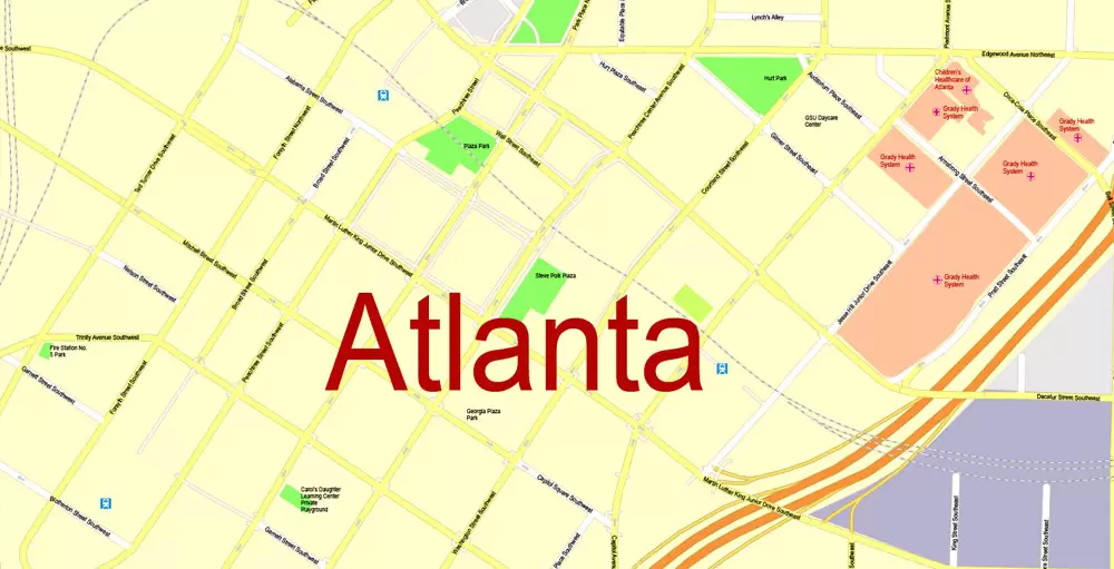 Printable Map Atlanta, Georgia, US, exact vector Map street G-View City Plan Level 17 (100 meters scale) full editable, Adobe Illustrator