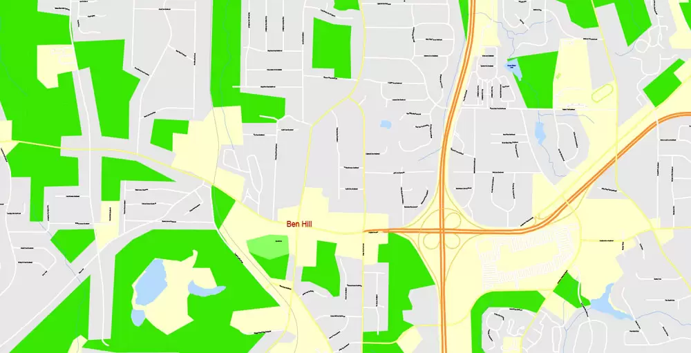 Printable Map Atlanta, Georgia, US, exact vector Map street G-View City Plan Level 17 (100 meters scale) full editable, Adobe Illustrator