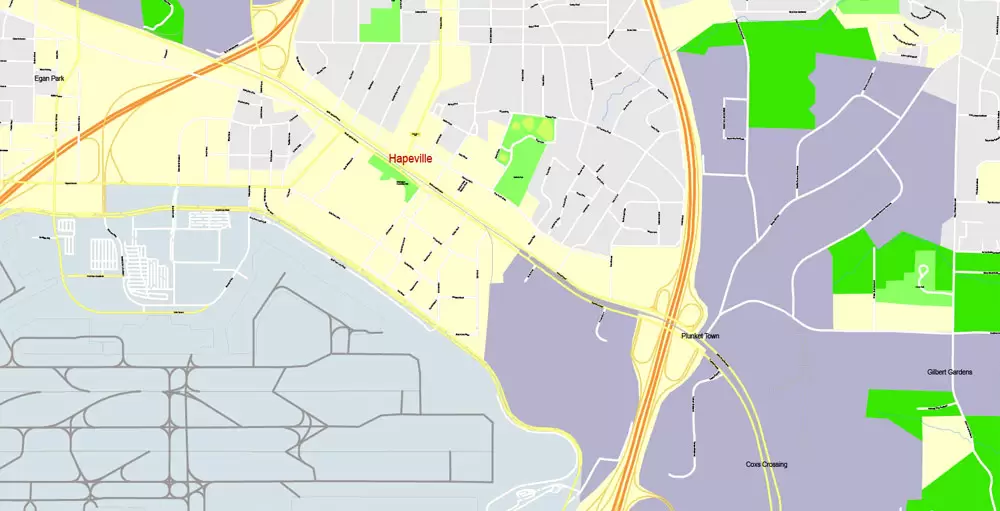 Printable Map Atlanta, Georgia, US, exact vector Map street G-View City Plan Level 17 (100 meters scale) full editable, Adobe Illustrator