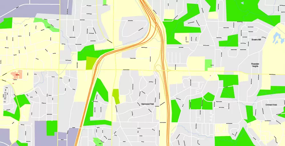 Printable Map Atlanta, Georgia, US, exact vector Map street G-View City Plan Level 17 (100 meters scale) full editable, Adobe Illustrator