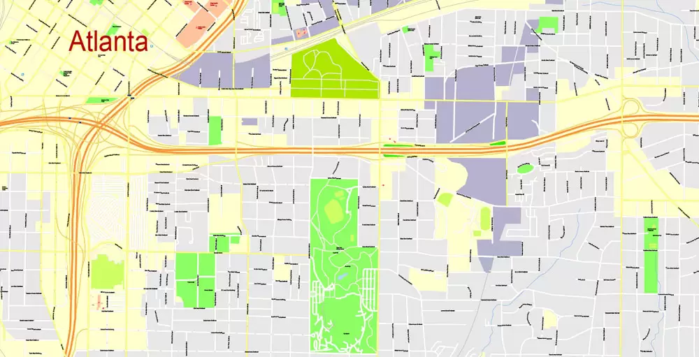 Printable Map Atlanta, Georgia, US, exact vector Map street G-View City Plan Level 17 (100 meters scale) full editable, Adobe Illustrator