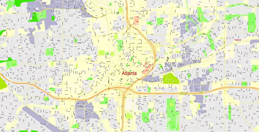 Printable Map Atlanta, Georgia, US, exact vector Map street G-View City Plan Level 17 (100 meters scale) full editable, Adobe Illustrator