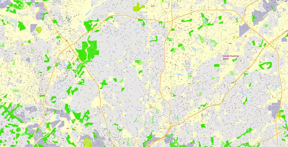 Printable Map Atlanta, Georgia, US, exact vector Map street G-View City Plan Level 17 (100 meters scale) full editable, Adobe Illustrator