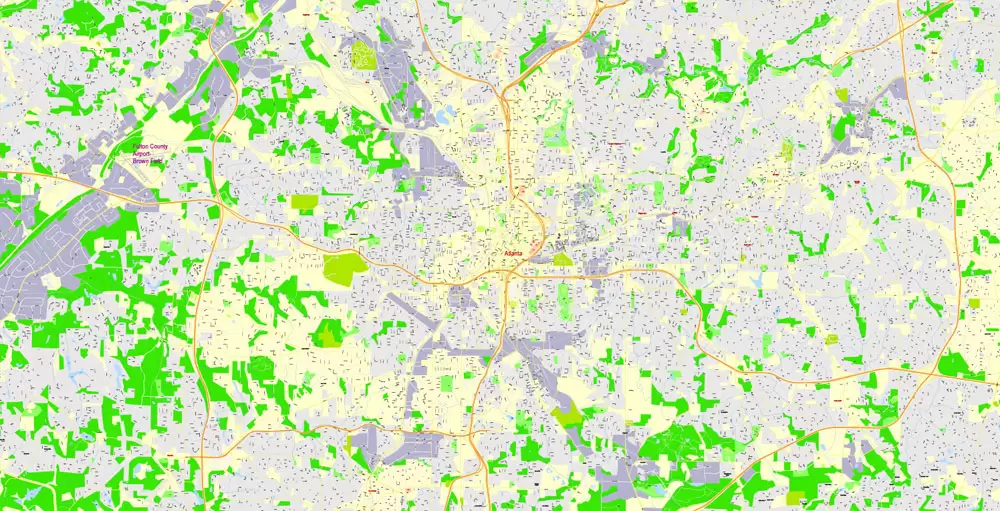 Printable Map Atlanta, Georgia, US, exact vector Map street G-View City Plan Level 17 (100 meters scale) full editable, Adobe Illustrator