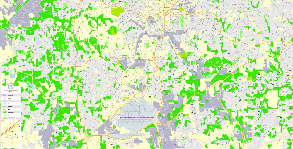 Printable Map Atlanta, Georgia, US, exact vector Map street G-View City Plan Level 17 (100 meters scale) full editable, Adobe Illustrator