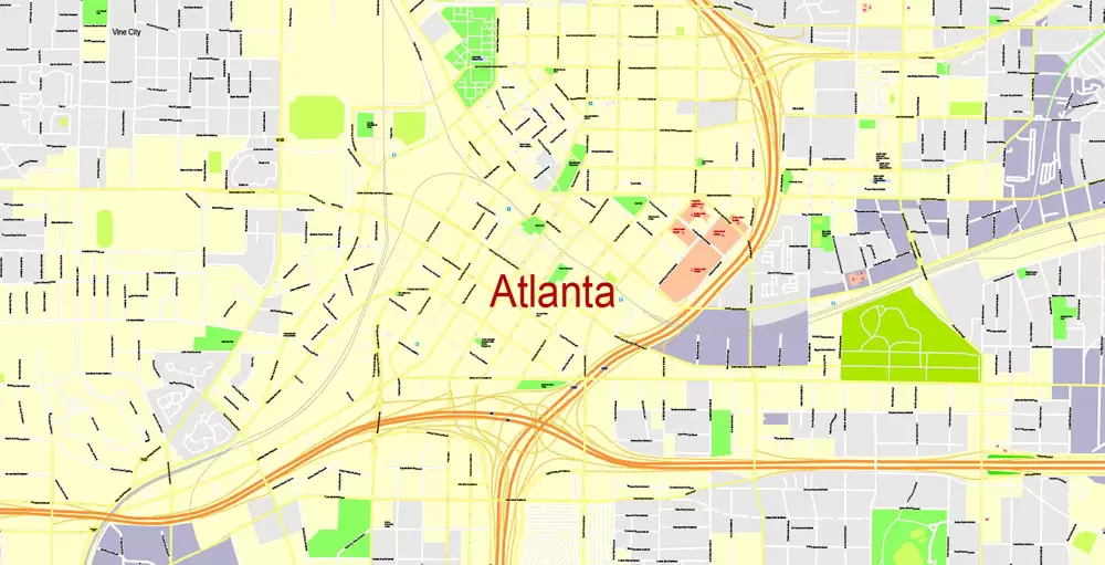 Printable Map Atlanta, Georgia, US, exact vector Map street G-View City Plan Level 17 (100 meters scale) full editable, Adobe Illustrator