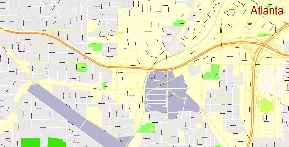Printable Map Atlanta, Georgia, US, exact vector Map street G-View City Plan Level 17 (100 meters scale) full editable, Adobe Illustrator