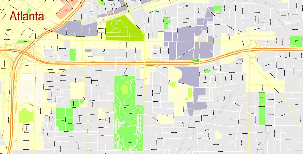 Printable Map Atlanta, Georgia, US, exact vector Map street G-View City Plan Level 17 (100 meters scale) full editable, Adobe Illustrator