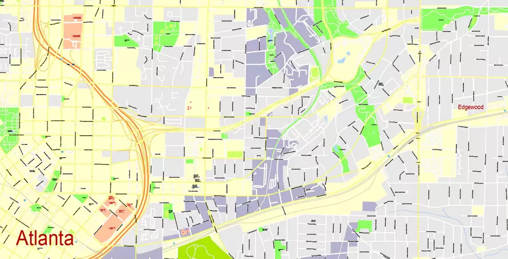 Printable Map Atlanta, Georgia, US, exact vector Map street G-View City Plan Level 17 (100 meters scale) full editable, Adobe Illustrator