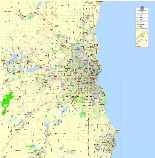 Printable Map Milwaukee Metro Area, Wisconsin, US, exact vector street G-View Level 13 (2000 meters scale) map, V.7. fully editable, Adobe Illustrator