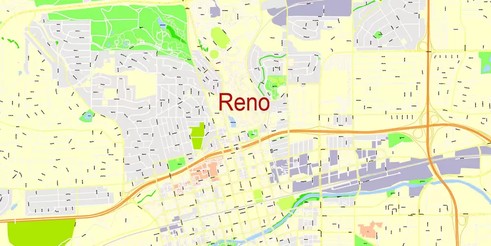 Printable Map Reno, Nevada, US, exact vector Map street G-View City Plan Level 17 (100 meters scale) full editable, Adobe Illustrator