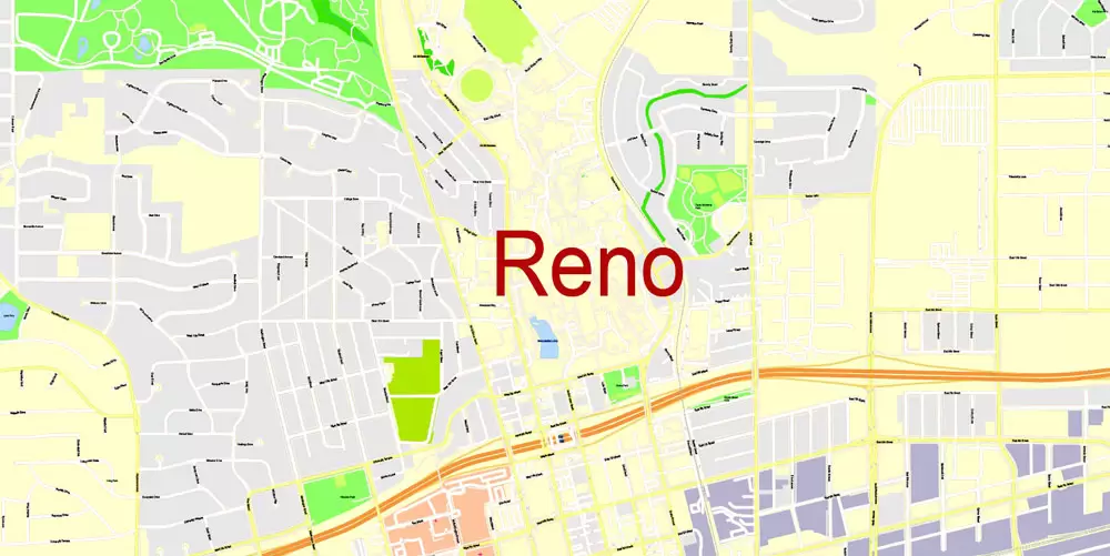 Printable Map Reno, Nevada, US, exact vector Map street G-View City Plan Level 17 (100 meters scale) full editable, Adobe Illustrator