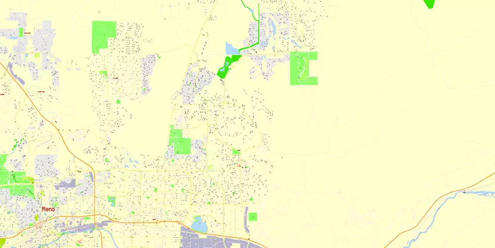 Printable Map Reno, Nevada, US, exact vector Map street G-View City Plan Level 17 (100 meters scale) full editable, Adobe Illustrator