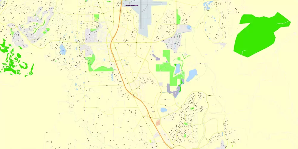 Printable Map Reno, Nevada, US, exact vector Map street G-View City Plan Level 17 (100 meters scale) full editable, Adobe Illustrator