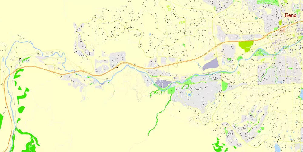 Printable Map Reno, Nevada, US, exact vector Map street G-View City Plan Level 17 (100 meters scale) full editable, Adobe Illustrator
