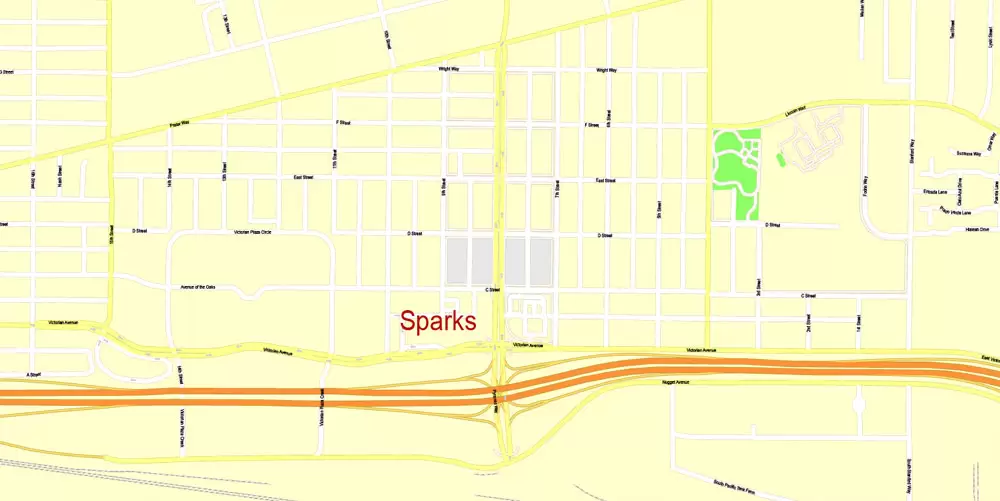 Printable Map Reno, Nevada, US, exact vector Map street G-View City Plan Level 17 (100 meters scale) full editable, Adobe Illustrator