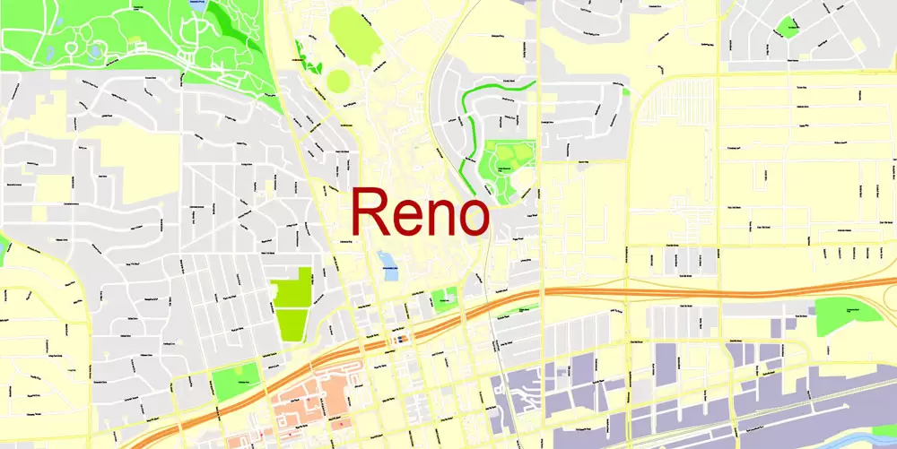 Printable Map Reno, Nevada, US, exact vector Map street G-View City Plan Level 17 (100 meters scale) full editable, Adobe Illustrator