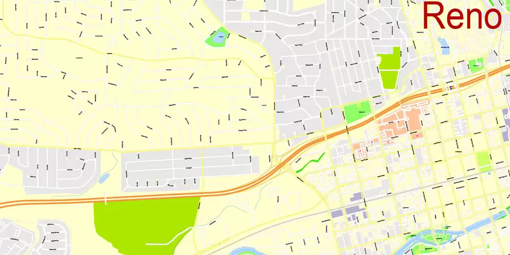 Printable Map Reno, Nevada, US, exact vector Map street G-View City Plan Level 17 (100 meters scale) full editable, Adobe Illustrator