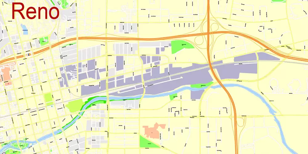 Printable Map Reno, Nevada, US, exact vector Map street G-View City Plan Level 17 (100 meters scale) full editable, Adobe Illustrator