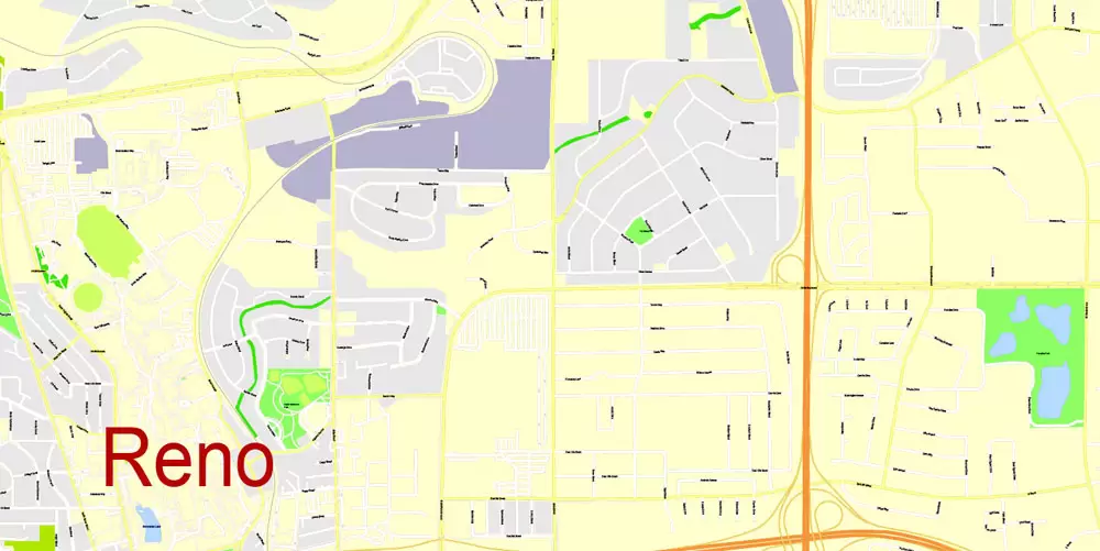 Printable Map Reno, Nevada, US, exact vector Map street G-View City Plan Level 17 (100 meters scale) full editable, Adobe Illustrator