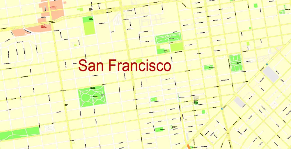 Printable Map San Francisco, California, US, exact vector Map street G-View City Plan Level 17 (100 meters scale) full editable, Adobe Illustrator
