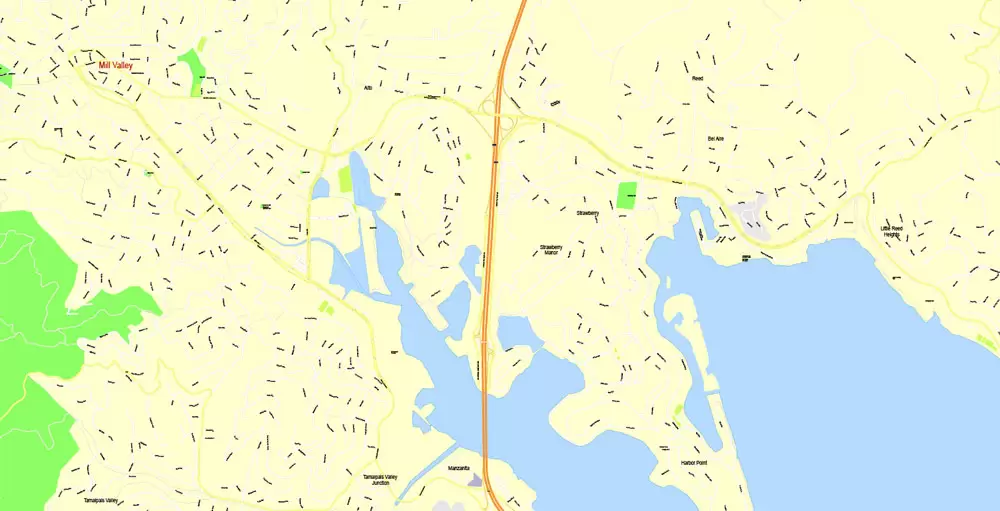 Printable Map San Francisco, California, US, exact vector Map street G-View City Plan Level 17 (100 meters scale) full editable, Adobe Illustrator