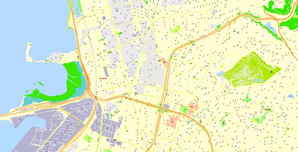 Printable Map San Francisco, California, US, exact vector Map street G-View City Plan Level 17 (100 meters scale) full editable, Adobe Illustrator