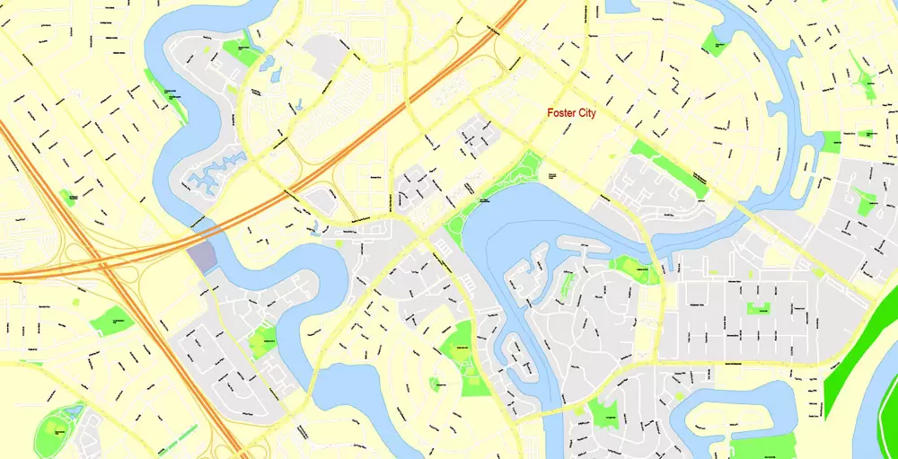Printable Map San Francisco, California, US, exact vector Map street G-View City Plan Level 17 (100 meters scale) full editable, Adobe Illustrator