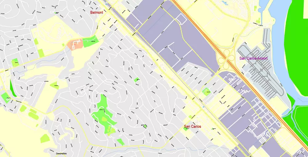 Printable Map San Francisco, California, US, exact vector Map street G-View City Plan Level 17 (100 meters scale) full editable, Adobe Illustrator