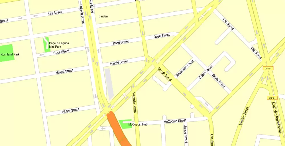 Printable Map San Francisco, California, US, exact vector Map street G-View City Plan Level 17 (100 meters scale) full editable, Adobe Illustrator