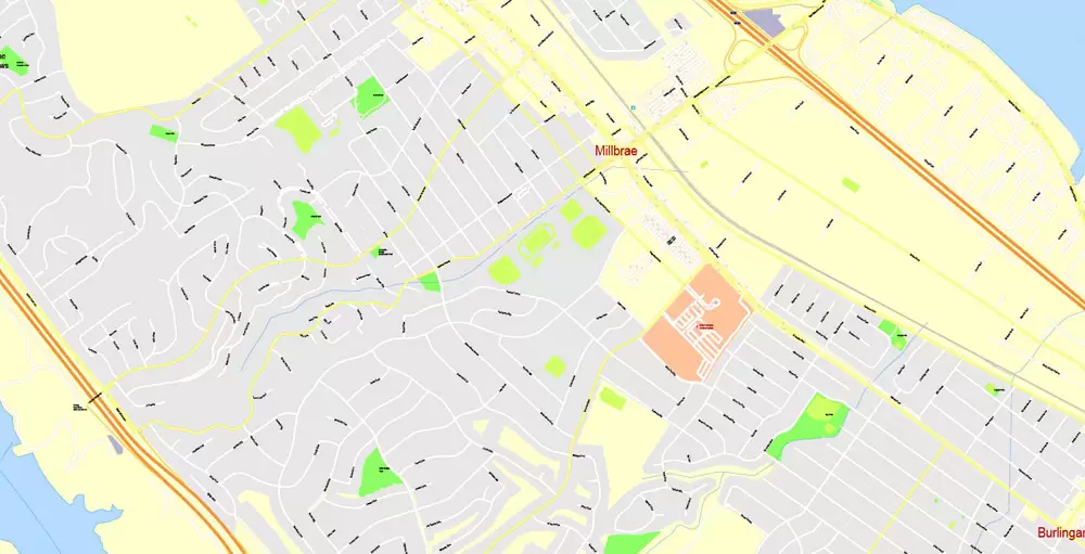 Printable Map San Francisco, California, US, exact vector Map street G-View City Plan Level 17 (100 meters scale) full editable, Adobe Illustrator