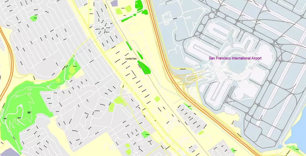 Printable Map San Francisco, California, US, exact vector Map street G-View City Plan Level 17 (100 meters scale) full editable, Adobe Illustrator