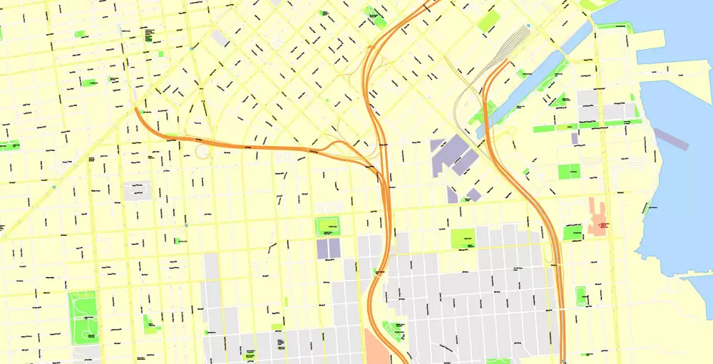 Printable Map San Francisco, California, US, exact vector Map street G-View City Plan Level 17 (100 meters scale) full editable, Adobe Illustrator