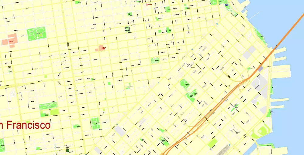 Printable Map San Francisco, California, US, exact vector Map street G-View City Plan Level 17 (100 meters scale) full editable, Adobe Illustrator