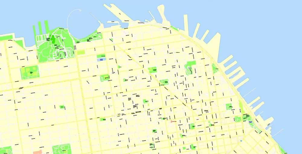 Printable Map San Francisco, California, US, exact vector Map street G-View City Plan Level 17 (100 meters scale) full editable, Adobe Illustrator