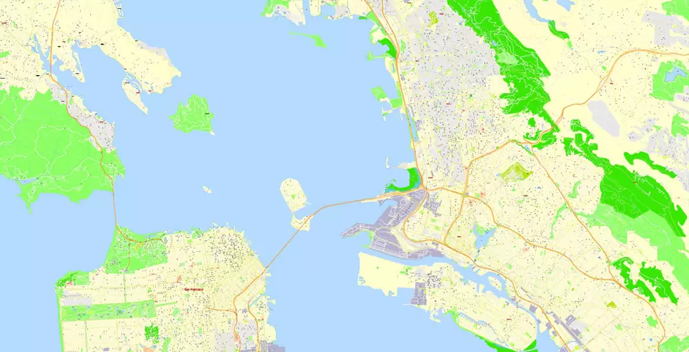 Printable Map San Francisco, California, US, exact vector Map street G-View City Plan Level 17 (100 meters scale) full editable, Adobe Illustrator