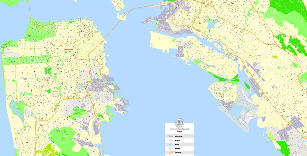 Printable Map San Francisco, California, US, exact vector Map street G-View City Plan Level 17 (100 meters scale) full editable, Adobe Illustrator