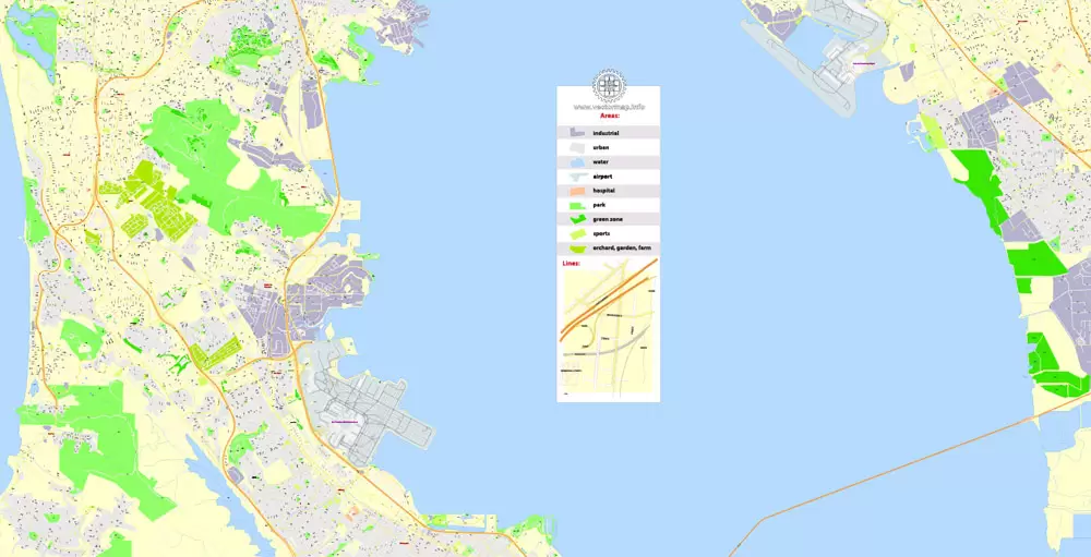 Printable Map San Francisco, California, US, exact vector Map street G-View City Plan Level 17 (100 meters scale) full editable, Adobe Illustrator