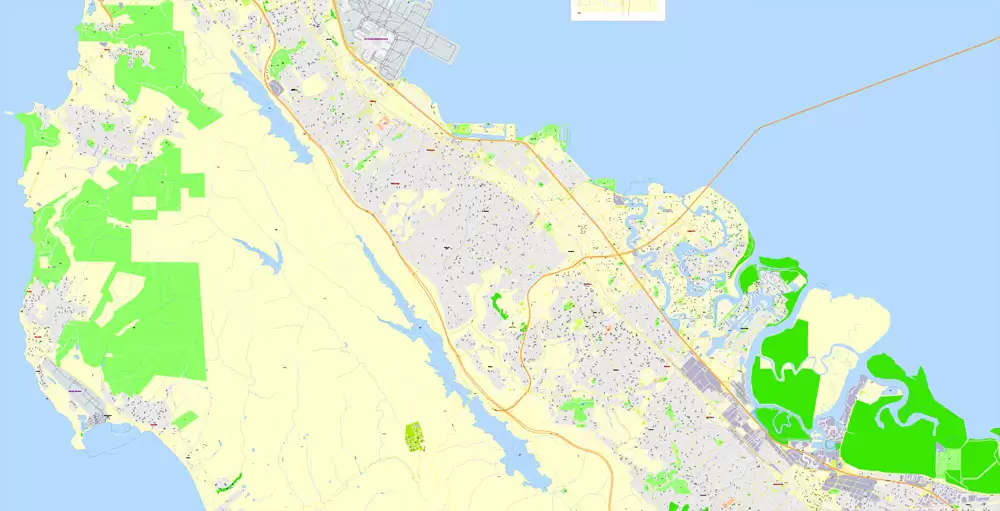 San Francisco Printable Map, California, US, exact vector Map street G-View City Plan Level 17 (100 meters scale)  full editable, Adobe Illustrator