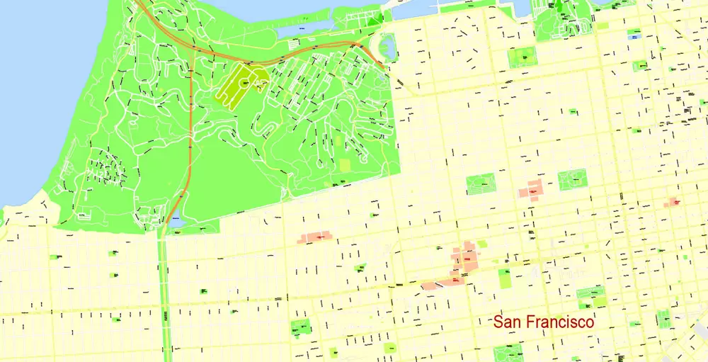 Printable Map San Francisco, California, US, exact vector Map street G-View City Plan Level 17 (100 meters scale) full editable, Adobe Illustrator