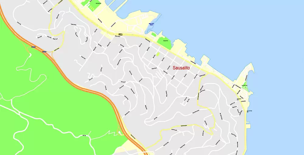 Printable Map San Francisco, California, US, exact vector Map street G-View City Plan Level 17 (100 meters scale) full editable, Adobe Illustrator