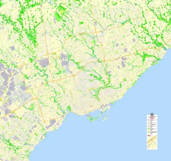 Printable Map Toronto, Canada, exact vector Map street G-View City Plan Level 17 (100 meters scale) full editable, Adobe Illustrator