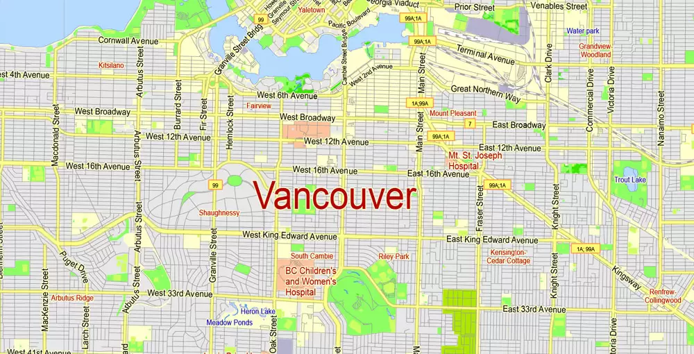 Printable Map Vancouver Metro Area, Canada, exact vector Map street G-View City Plan Level 13 (2000 meters scale) full editable, Adobe Illustrator