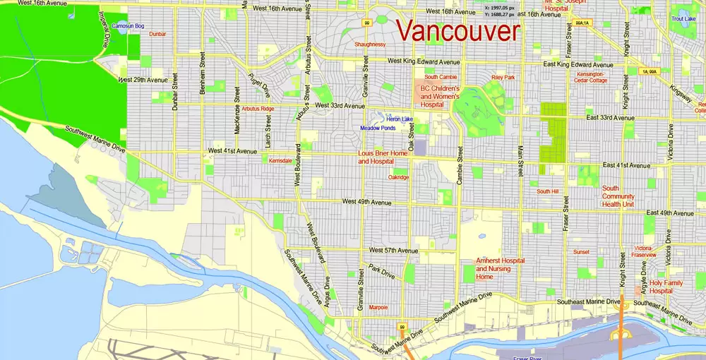 Printable Map Vancouver Metro Area, Canada, exact vector Map street G-View City Plan Level 13 (2000 meters scale) full editable, Adobe Illustrator