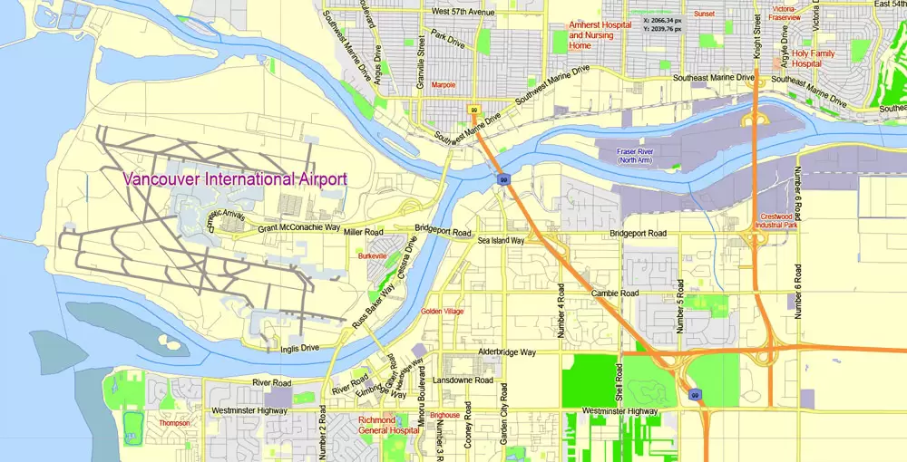 Printable Map Vancouver Metro Area, Canada, exact vector Map street G-View City Plan Level 13 (2000 meters scale) full editable, Adobe Illustrator
