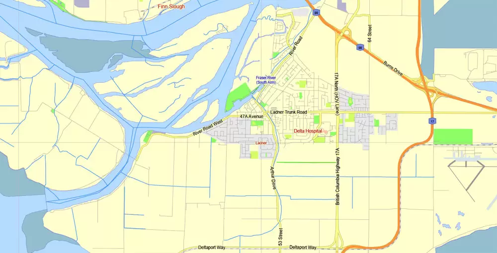 Printable Map Vancouver Metro Area, Canada, exact vector Map street G-View City Plan Level 13 (2000 meters scale) full editable, Adobe Illustrator