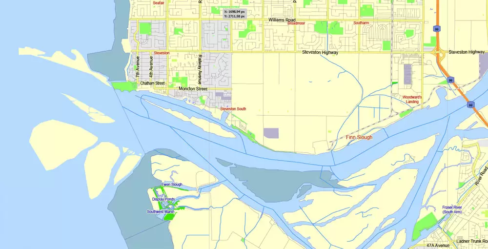 Printable Map Vancouver Metro Area, Canada, exact vector Map street G-View City Plan Level 13 (2000 meters scale) full editable, Adobe Illustrator