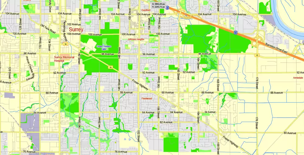 Printable Map Vancouver Metro Area, Canada, exact vector Map street G-View City Plan Level 13 (2000 meters scale) full editable, Adobe Illustrator
